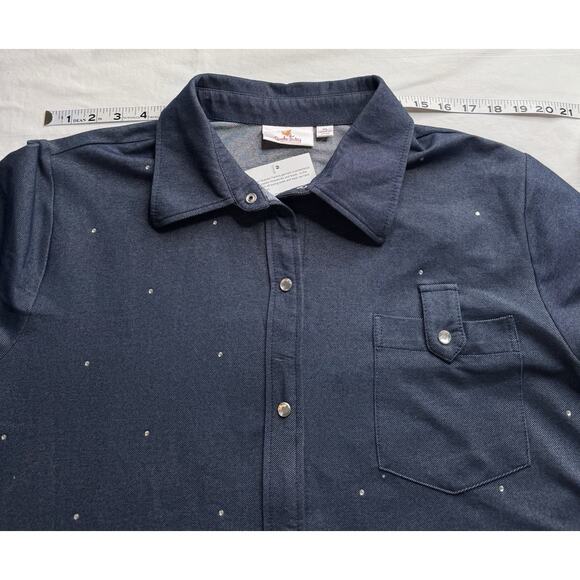Quacker Factory XL Knit Denim Blouse Button Rhinestones Collar Tab Pocket - Picture 4 of 11